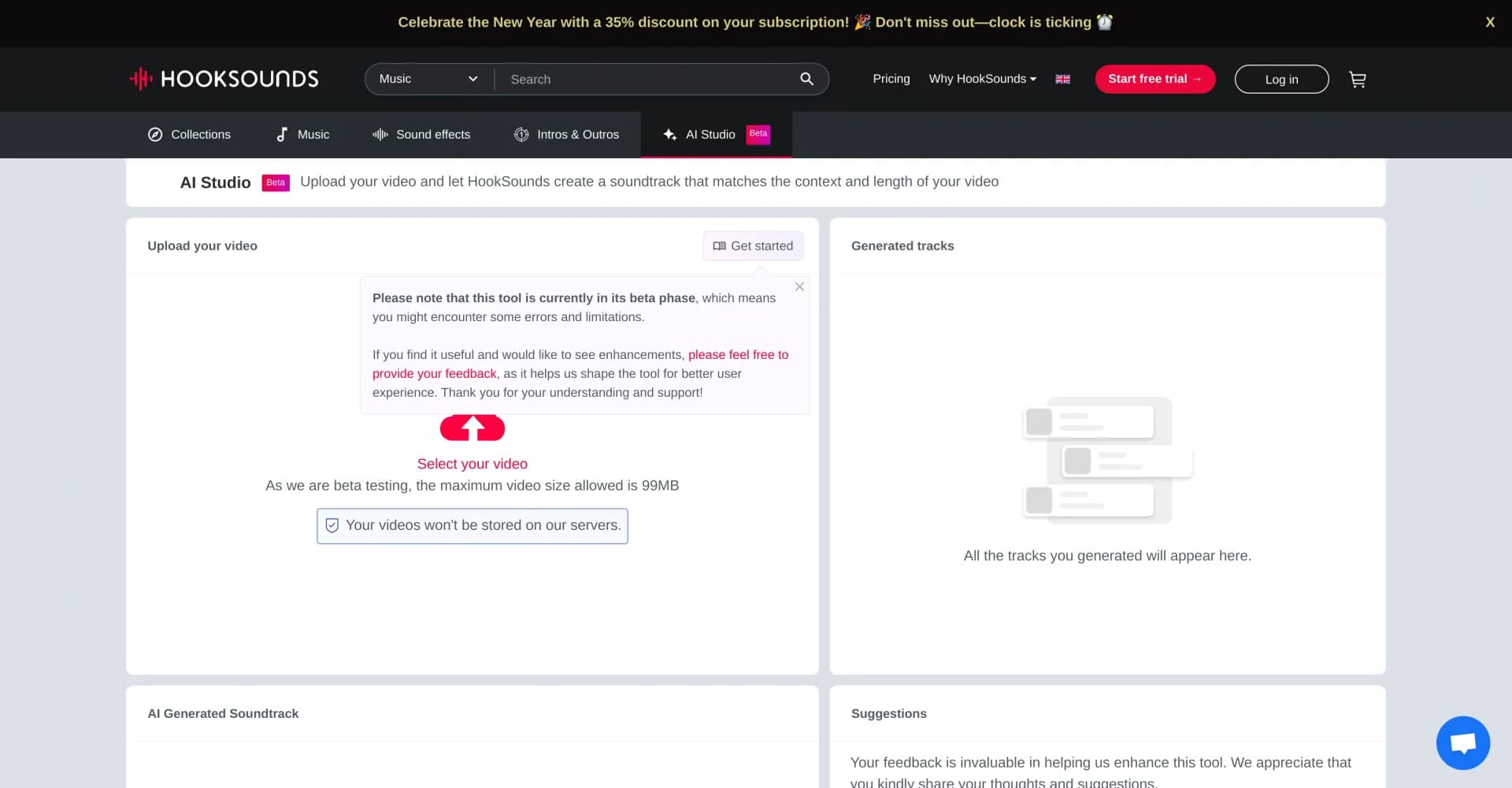 Hooksounds AI Studio homepage screenshot — Generate custom music tracks for videos in seconds.