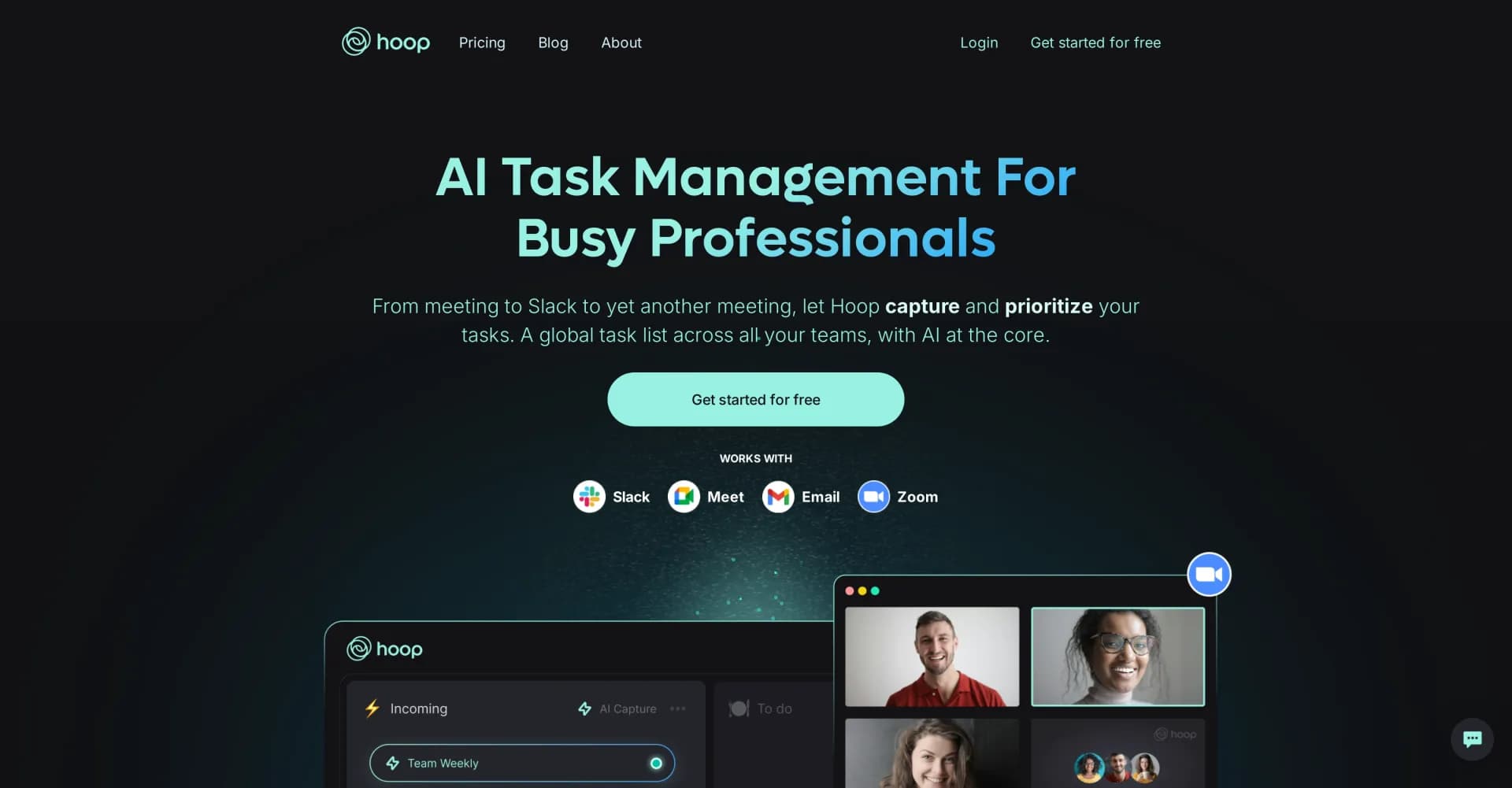 Hoop homepage screenshot — AI captures tasks from meetings and chats