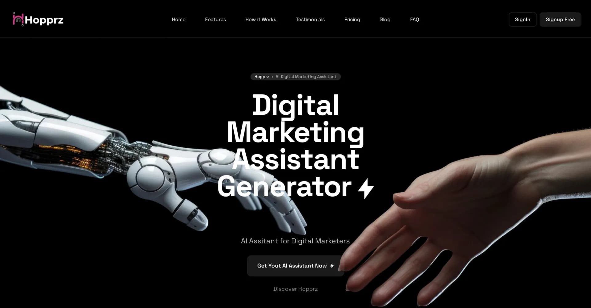 Hopprz homepage screenshot — Boost your digital marketing with AI assistance.