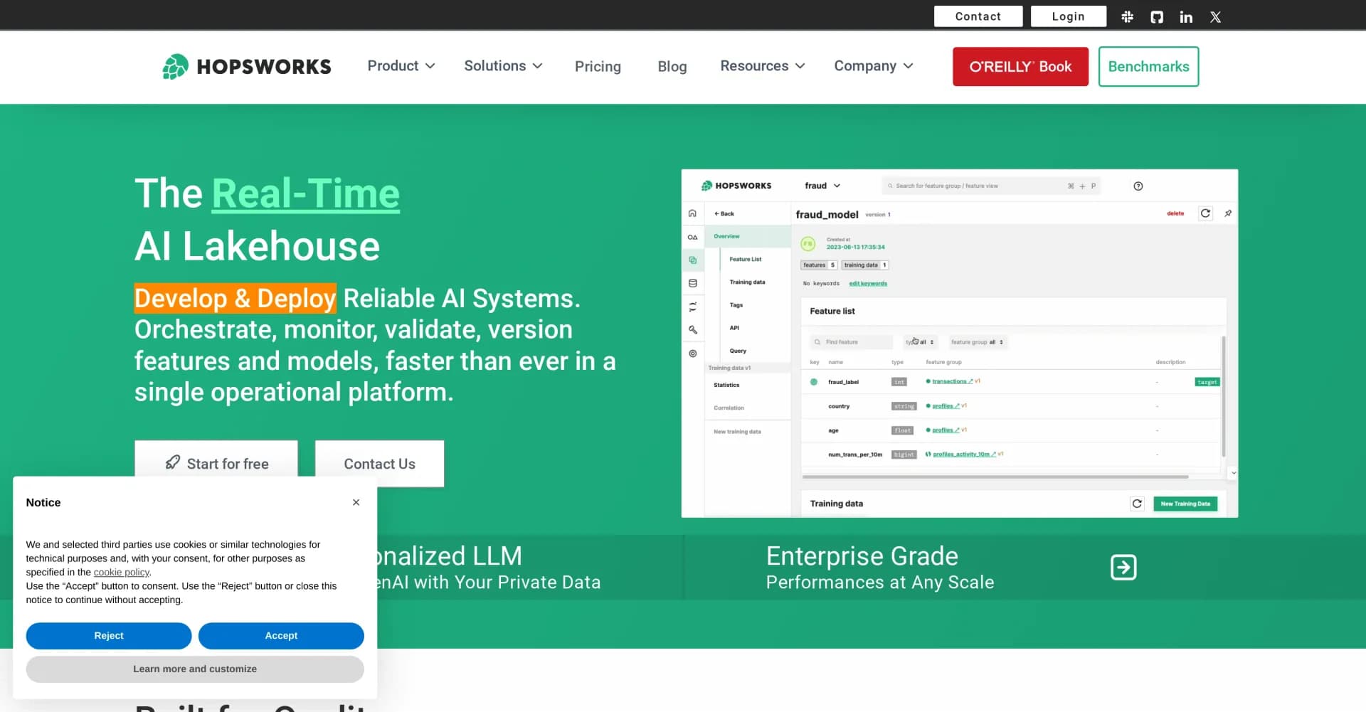 Hopsworks homepage screenshot — The flexible AI Lakehouse with seamless integration.