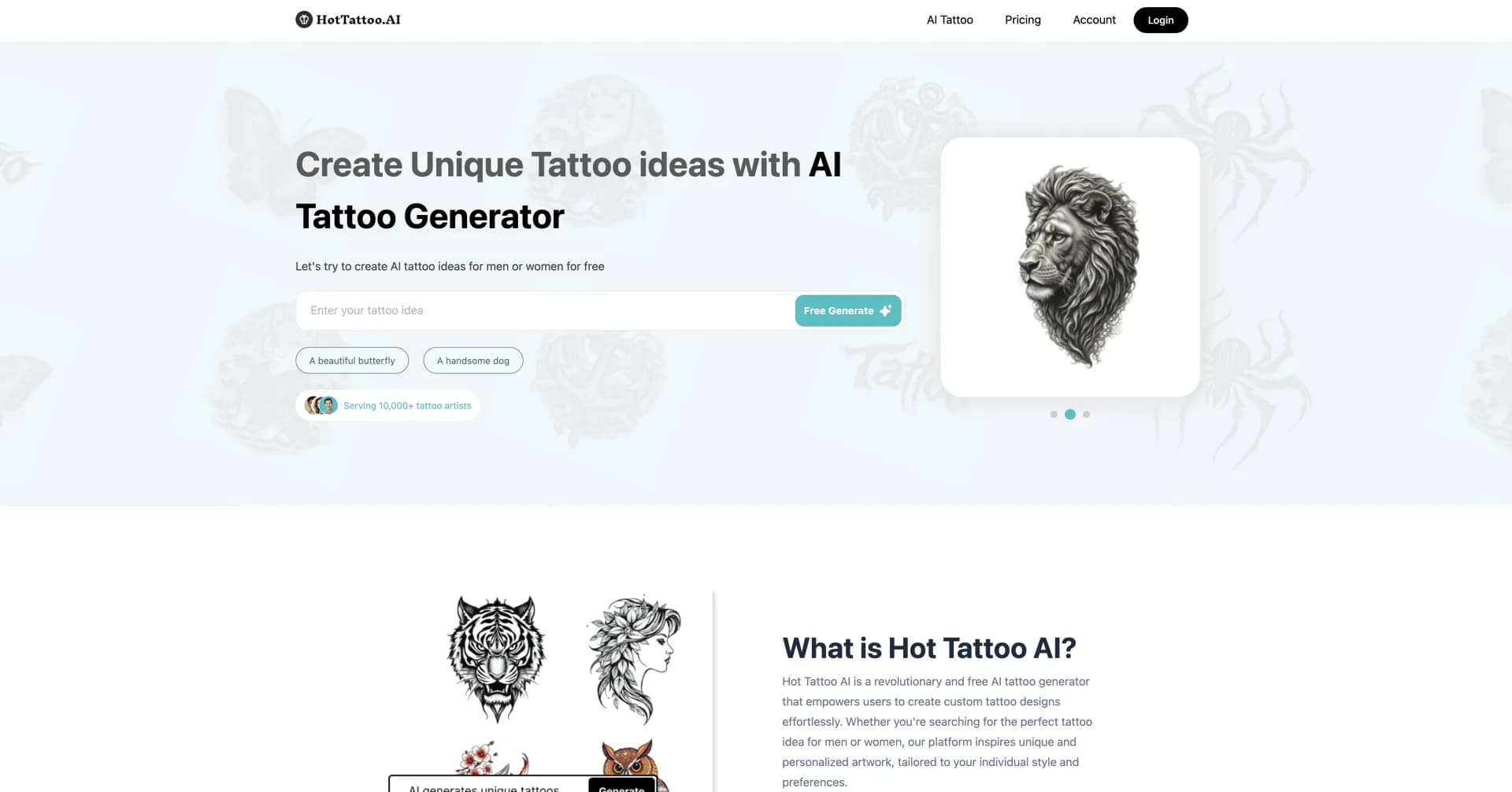Hot Tattoo AI homepage screenshot — Create custom tattoo designs effortlessly with AI