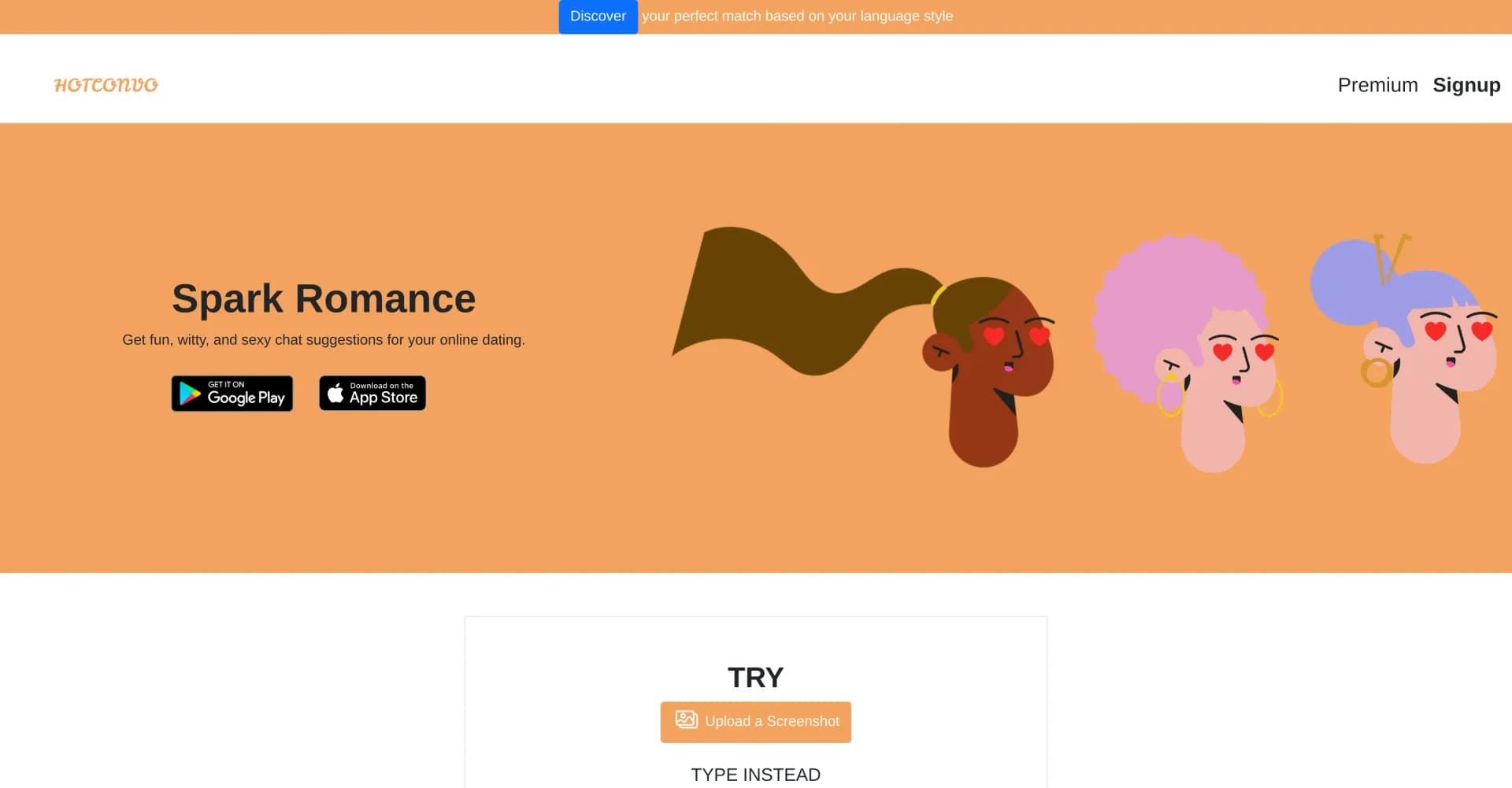 HotConvo homepage screenshot — AI-powered chat suggestions for online dating success