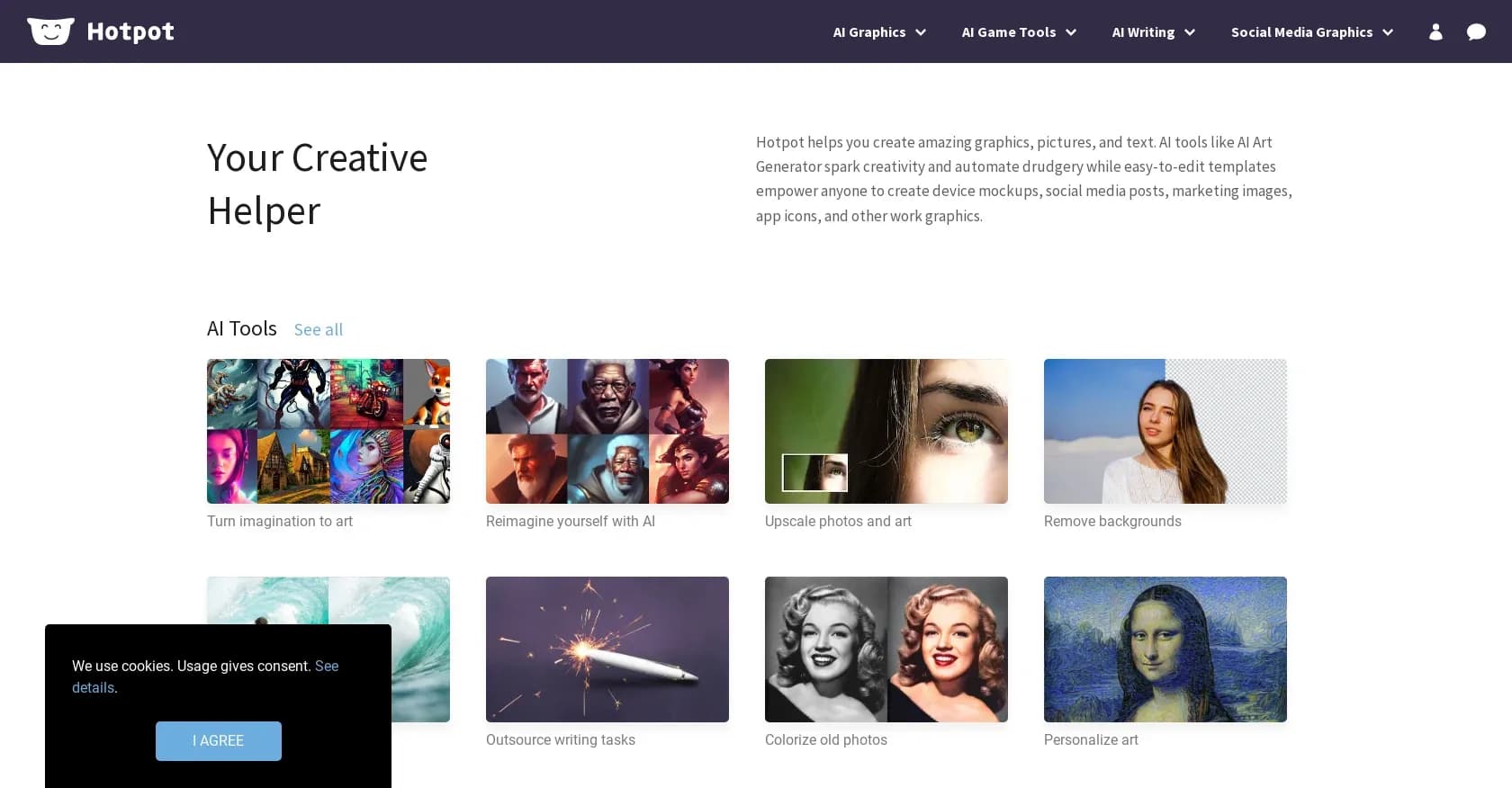 Hotpot homepage screenshot — Create amazing graphics, pictures, and text with AI