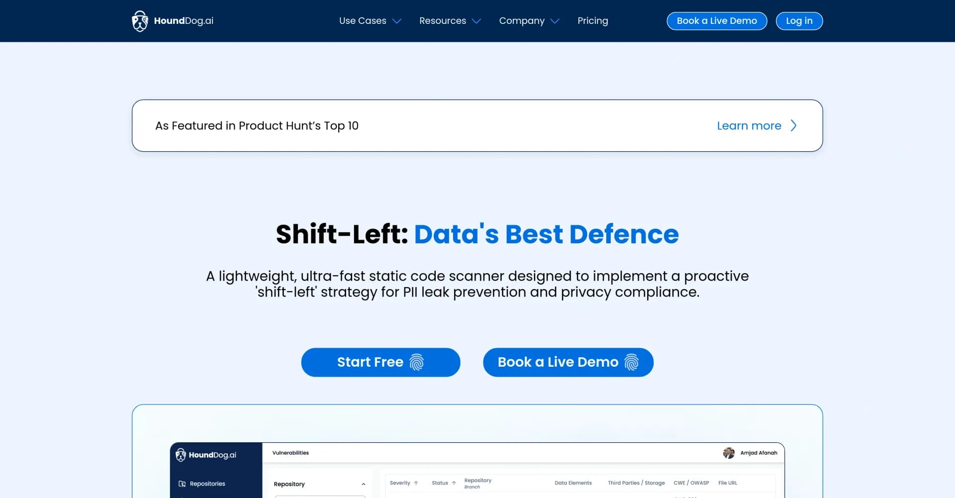 HoundDog homepage screenshot — Prevent PII leaks and track third-party data flows.