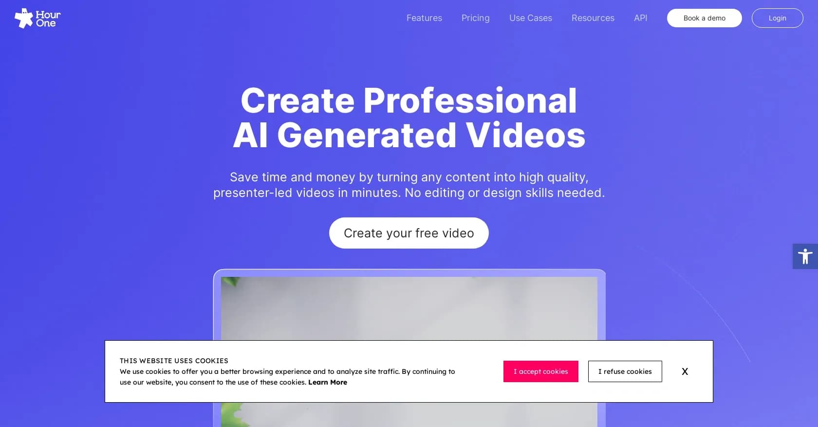 Hour One homepage screenshot — Transform text into AI-generated videos in minutes