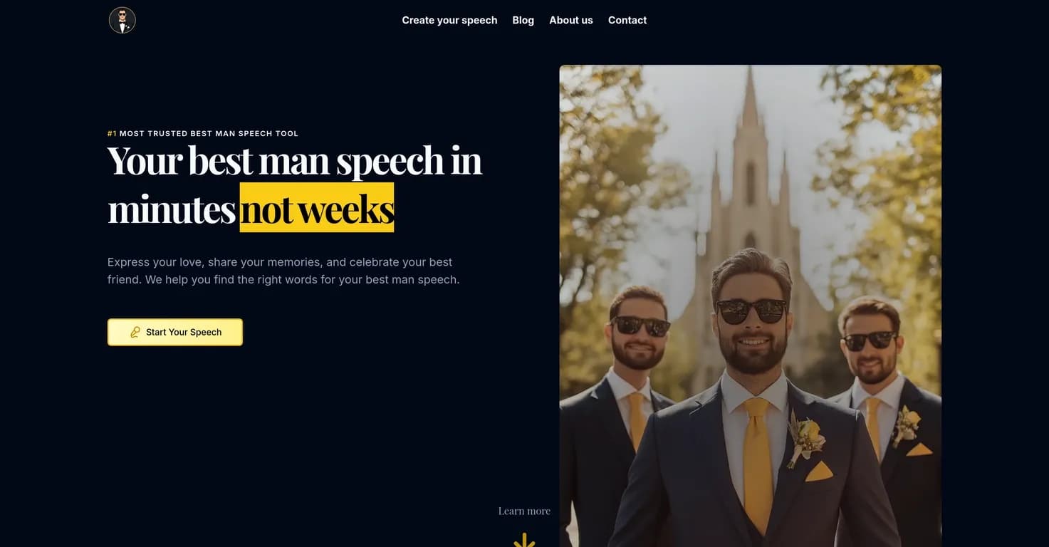 How To Be Best Man homepage screenshot — Craft a heartfelt best man speech in minutes.