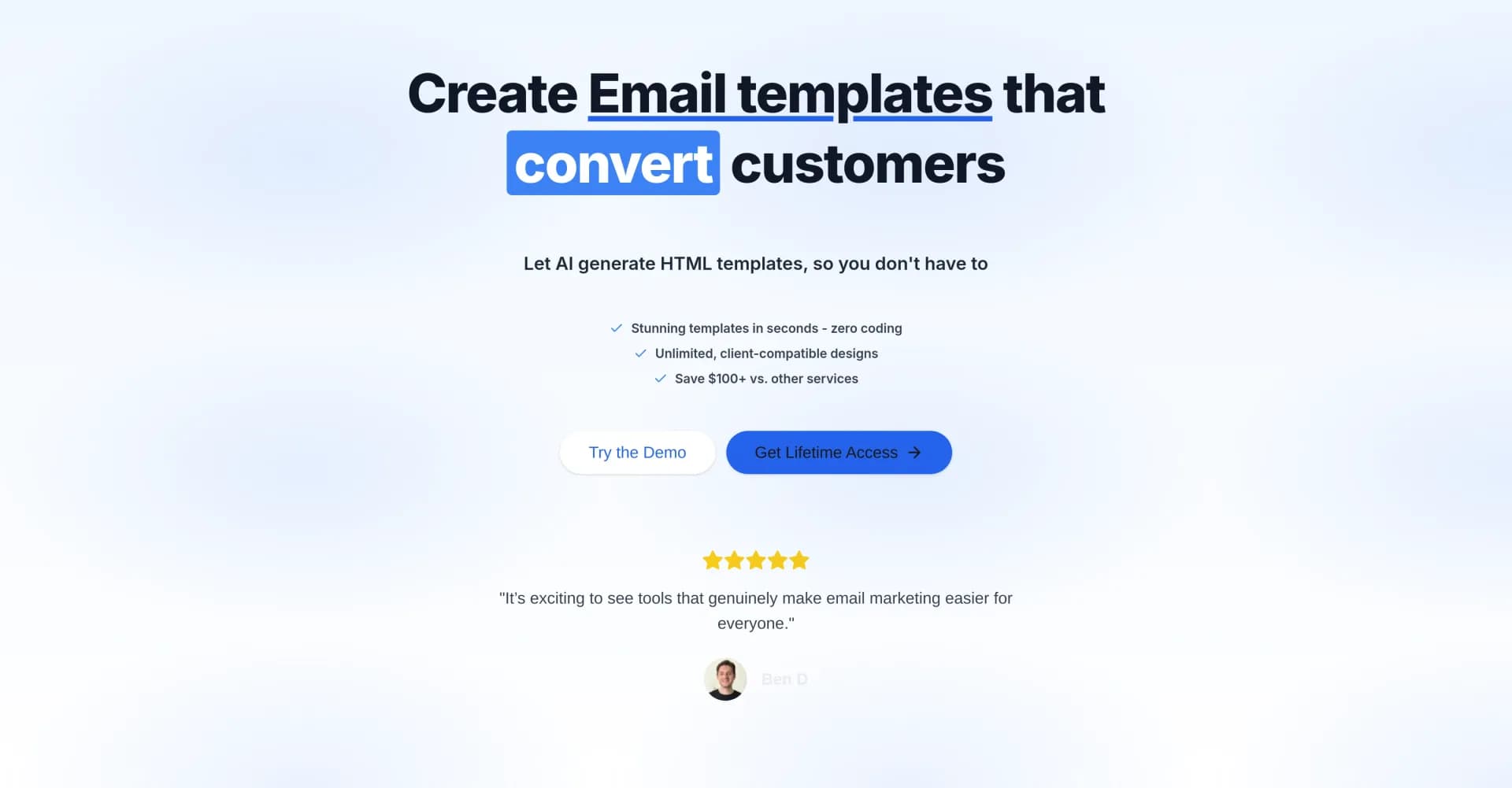 HTML Email homepage screenshot — Create stunning email templates in seconds with AI