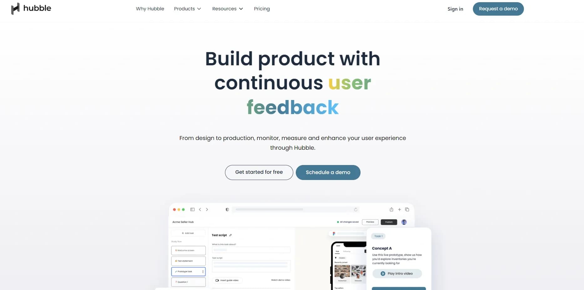 Hubble.team homepage screenshot — Gather in-product feedback from real users.