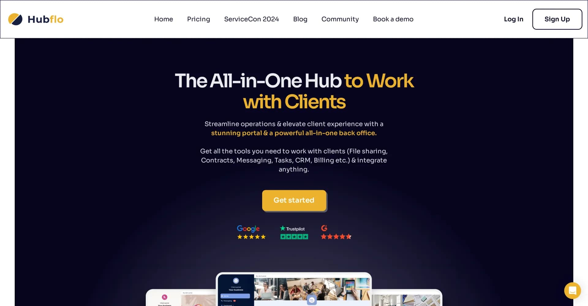 Hubflo homepage screenshot — Streamline client work with an all-in-one hub
