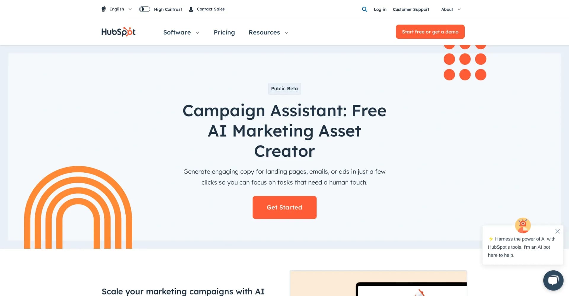 Hubspot homepage screenshot — AI-powered marketing copy creator