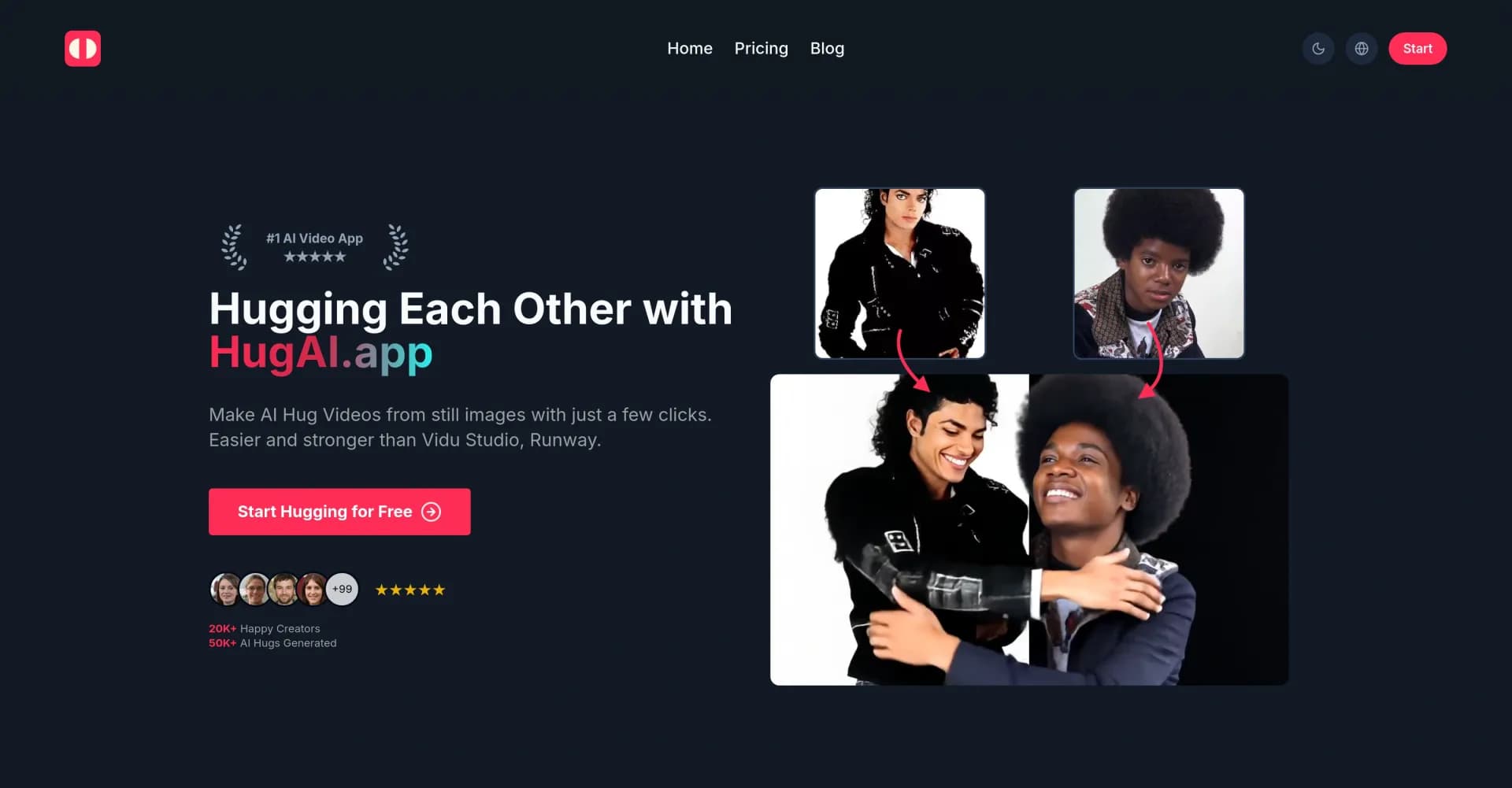 Hug AI homepage screenshot — Turn photos into AI hugging videos effortlessly