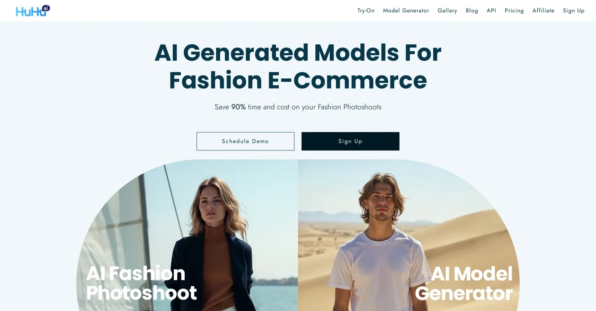 HuHu AI homepage screenshot — AI models revolutionize fashion e-commerce photoshoots.