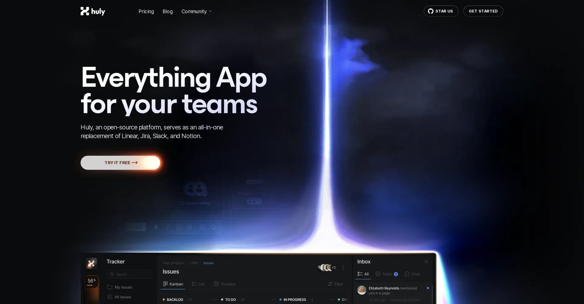 Huly homepage screenshot — Open-source platform replacing Linear, Jira, Slack, and Noti