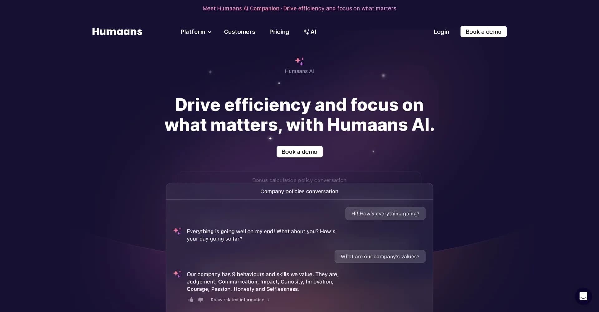 Humaans AI homepage screenshot — Drive HR efficiency with AI-powered automation
