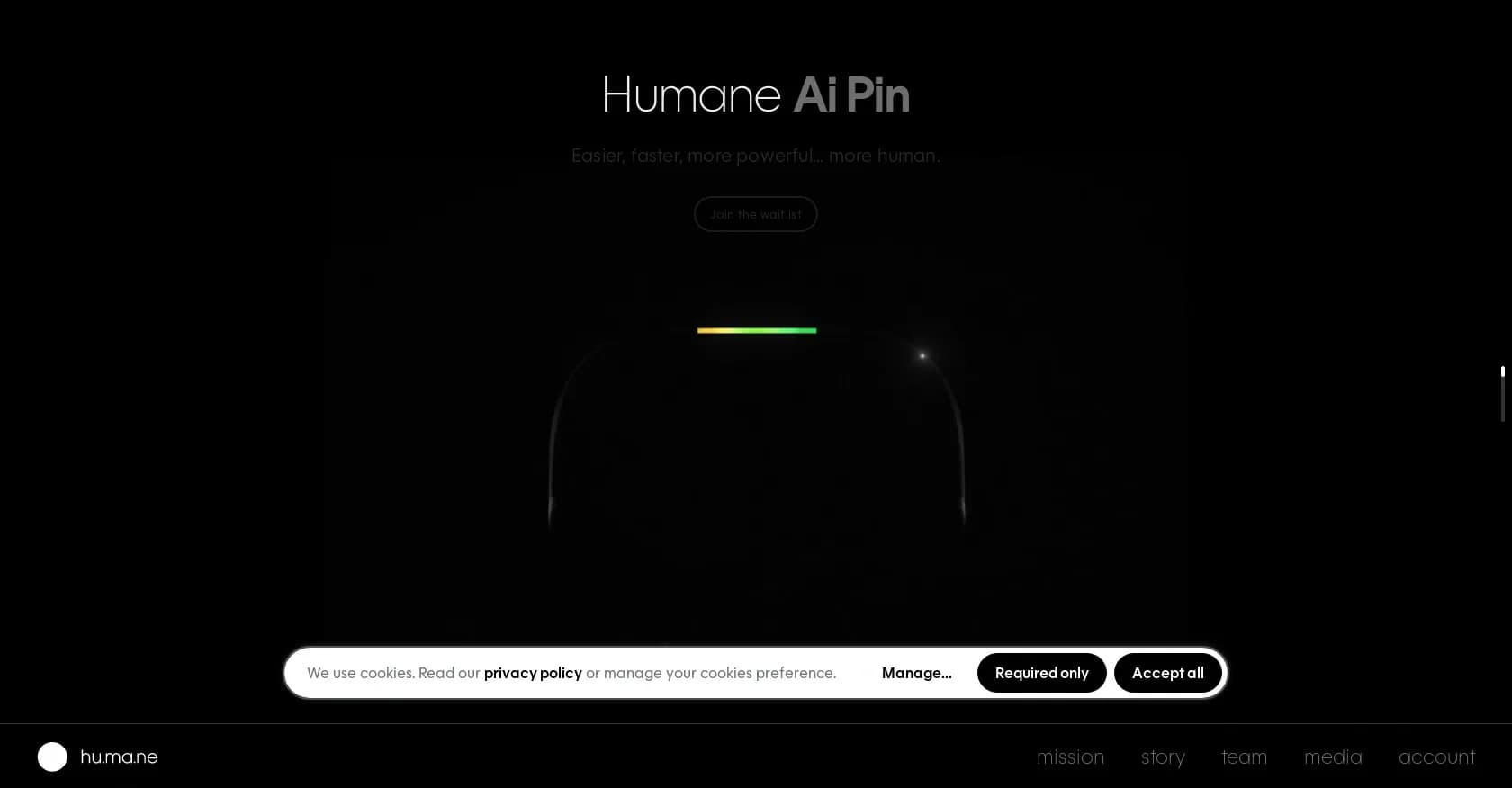 Humane AI pin homepage screenshot — Join the waitlist for our innovative AI tool