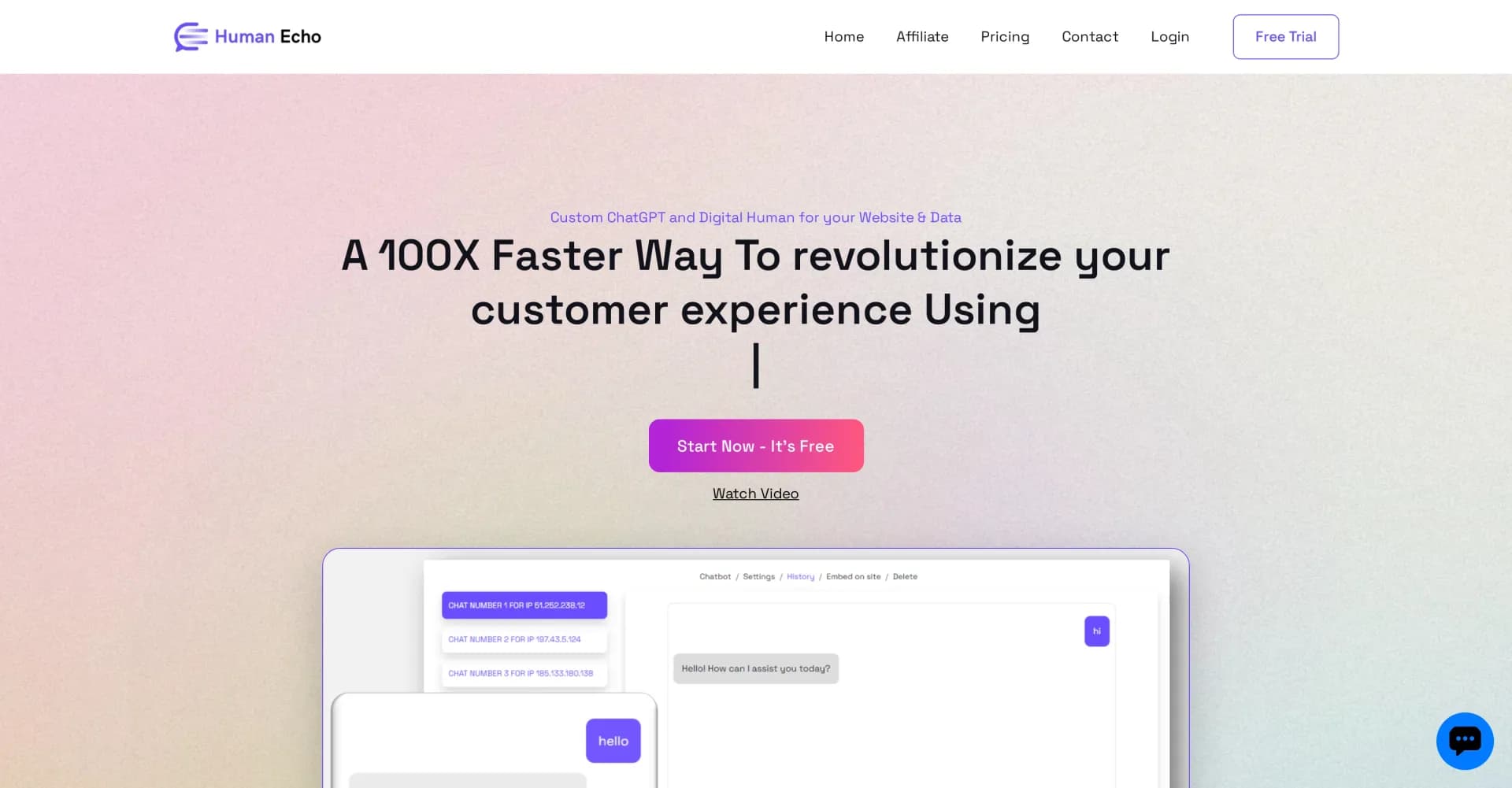 HumanEcho homepage screenshot — Revolutionize customer experience with AI chatbots and digit