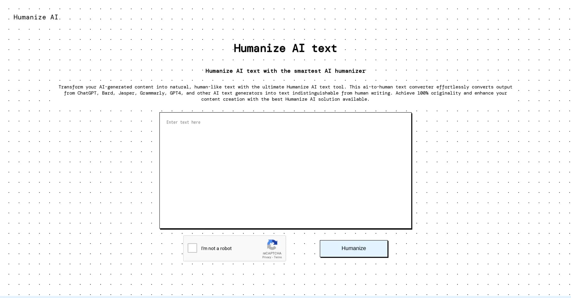 HumanizeAI homepage screenshot — Convert AI text to human-like content effortlessly.