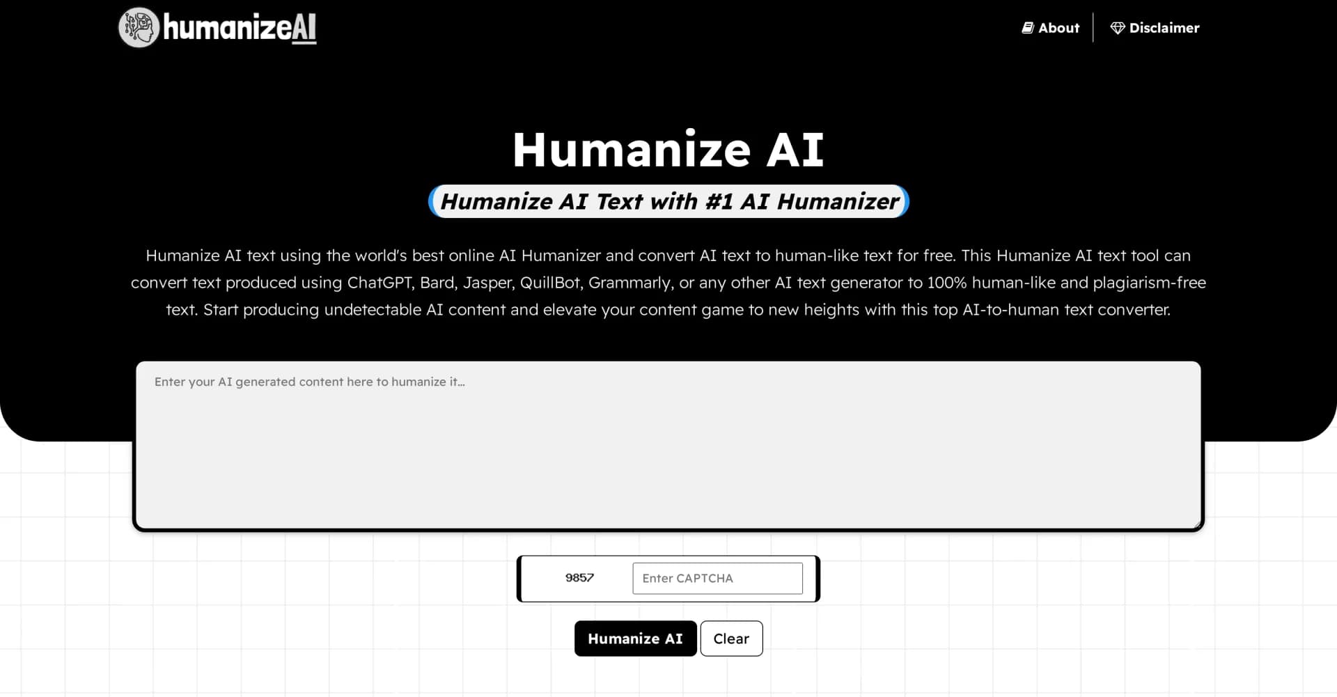 HumanizeAI.io homepage screenshot — Convert AI text to human-like writing for free.