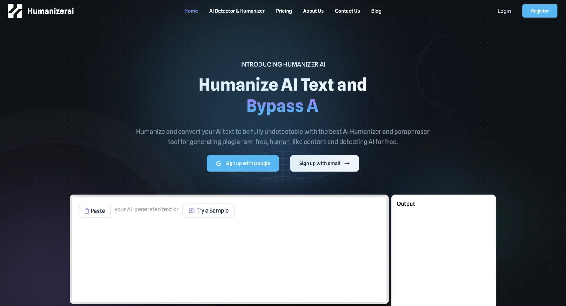 Humanizer AI homepage screenshot — Convert AI text into undetectable human-like content.