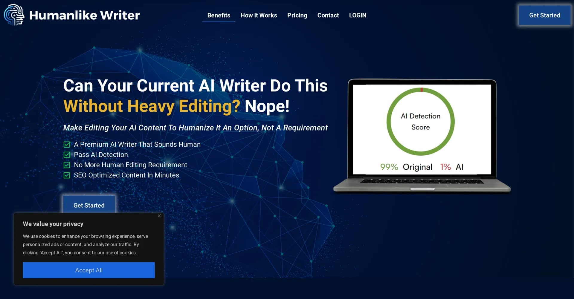 Humanlike Writer homepage screenshot — AI-written content that sounds human, no editing required.