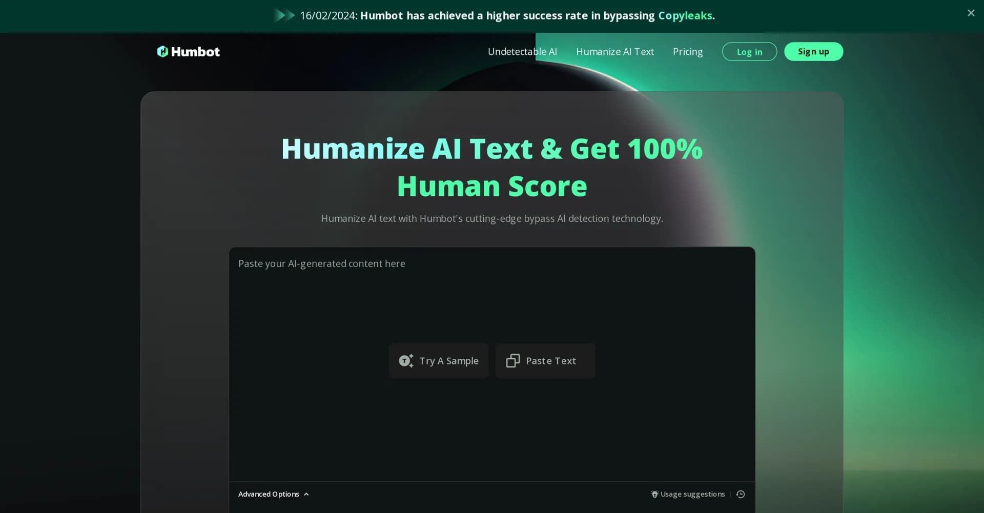 Humbot homepage screenshot — Humanize AI text into undetectable content.
