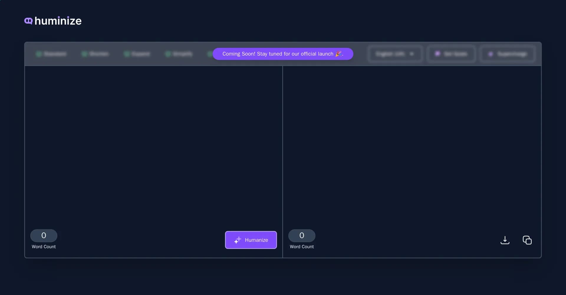 Huminize homepage screenshot — Transform AI text into engaging, human-like narratives.