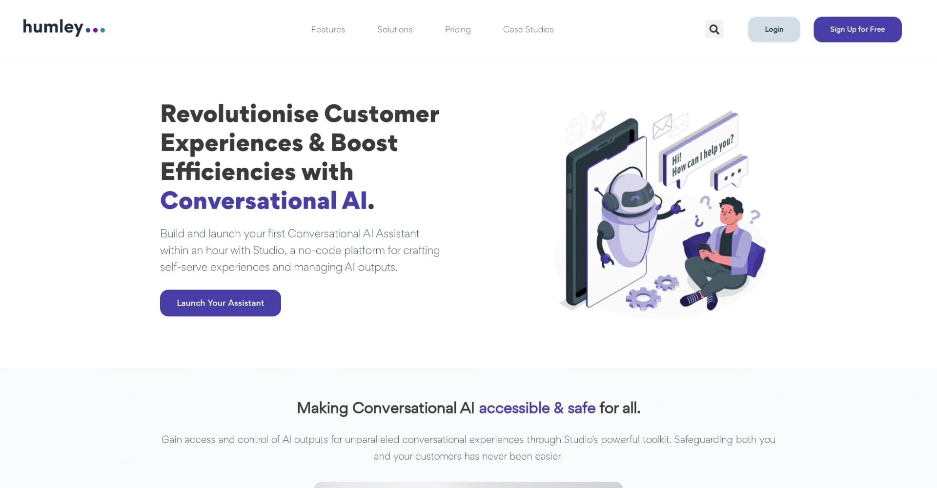 Humley homepage screenshot — Build AI chatbots in under an hour, no coding required.