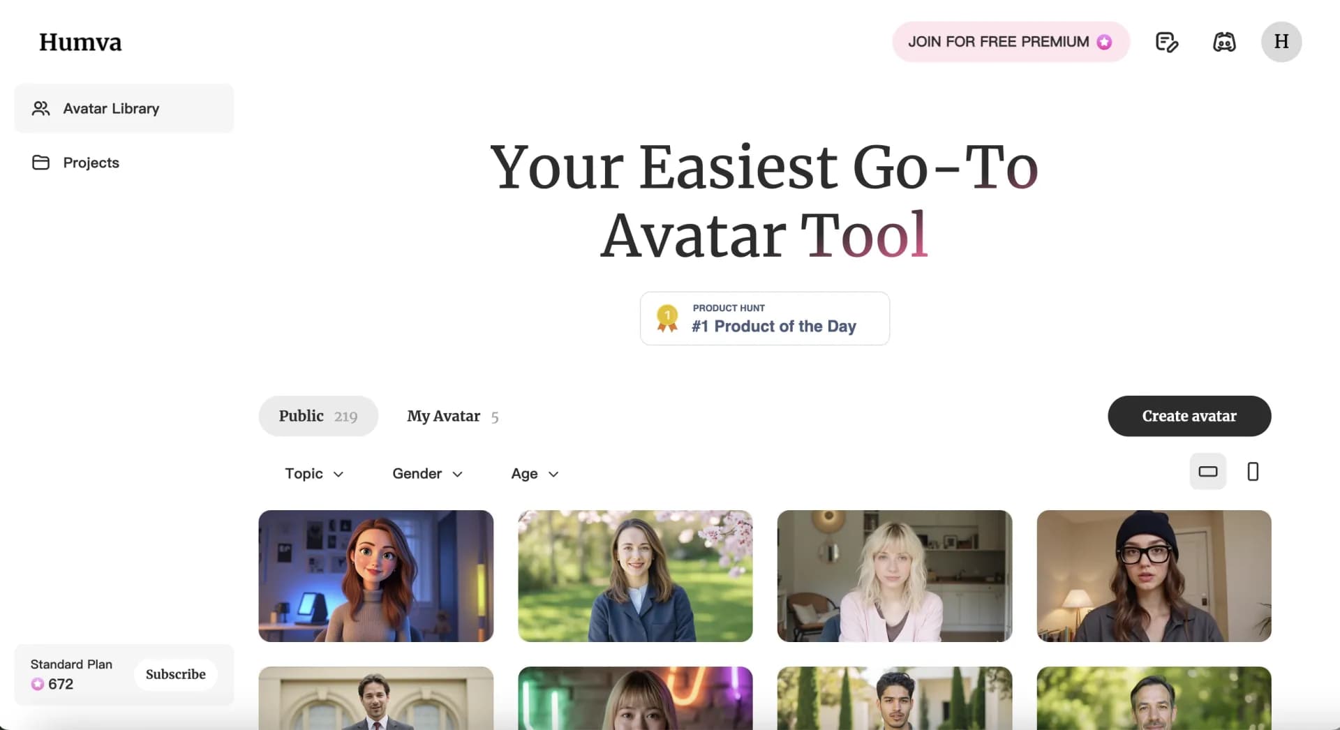 Humva homepage screenshot — Your Easiest Go-To Avatar Tool