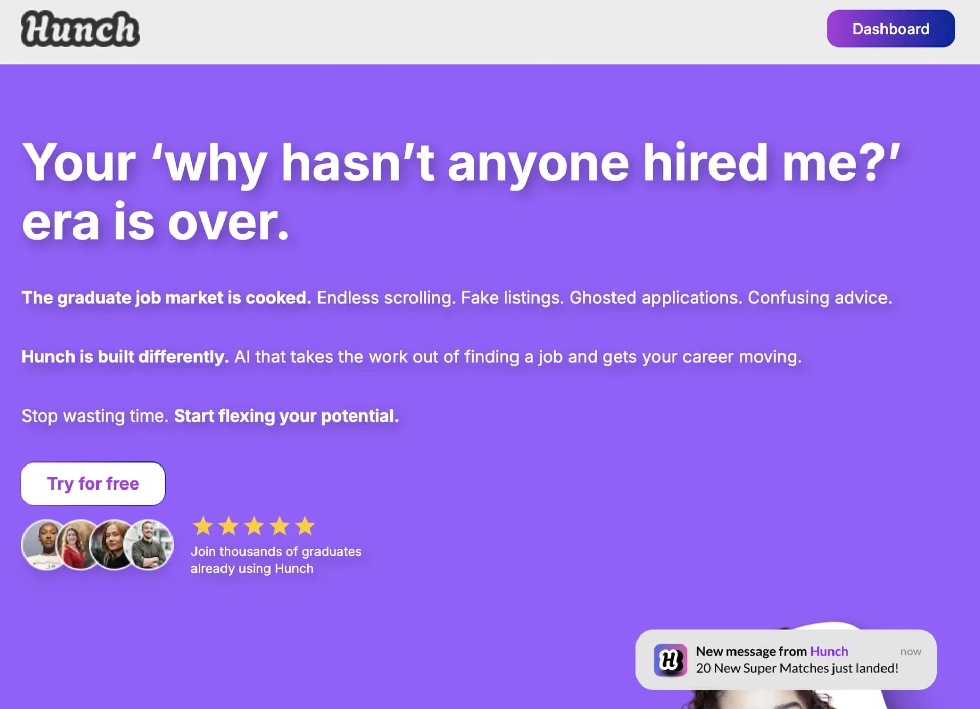 Hunch homepage screenshot — Land smarter jobs, faster — with AI that knows you.