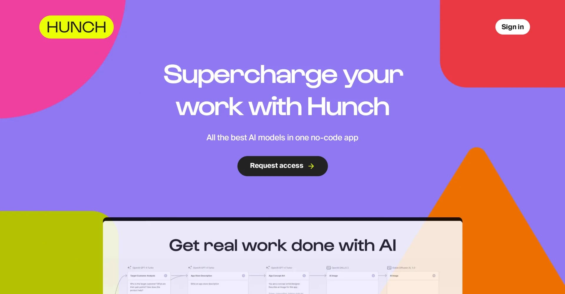 Hunch homepage screenshot — Supercharge your work with AI-powered workflows.