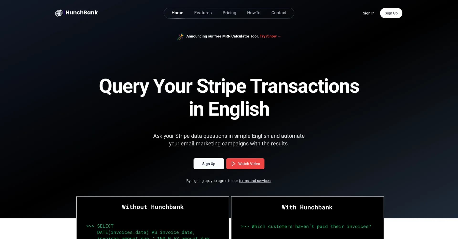 Hunchbank homepage screenshot — Query Stripe data in English, automate email marketing