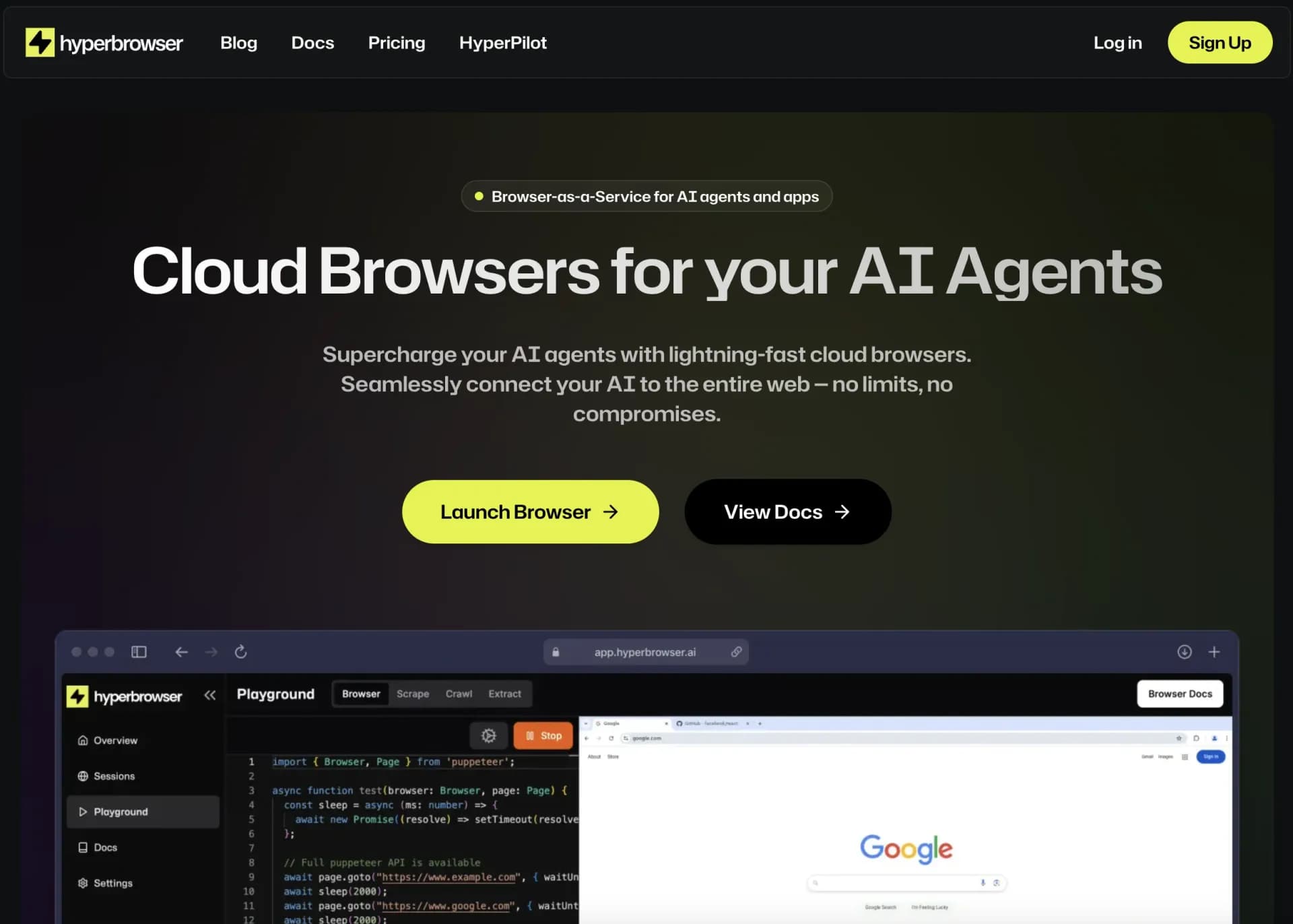 Hyperbrowser homepage screenshot — Cloud browsers for AI agents and apps.