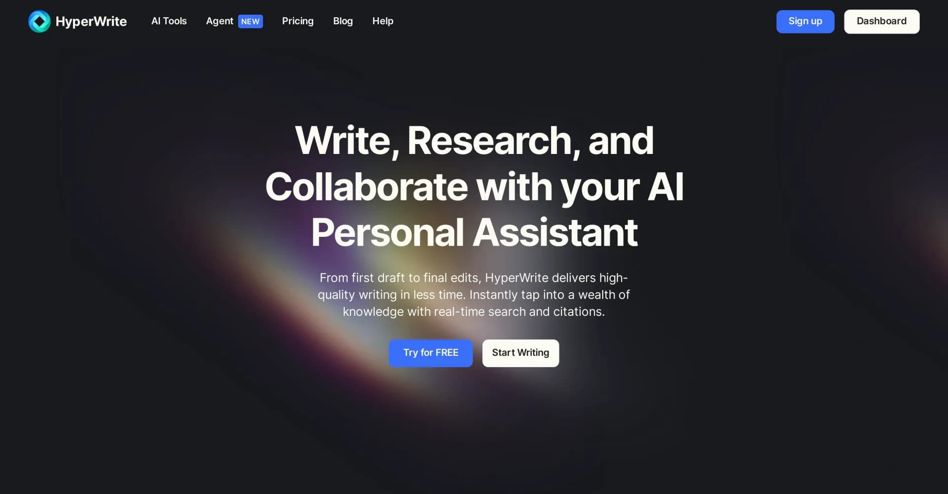 HyperWrite | AI Writing Assistant homepage screenshot — AI-powered writing companion for faster, creative content.