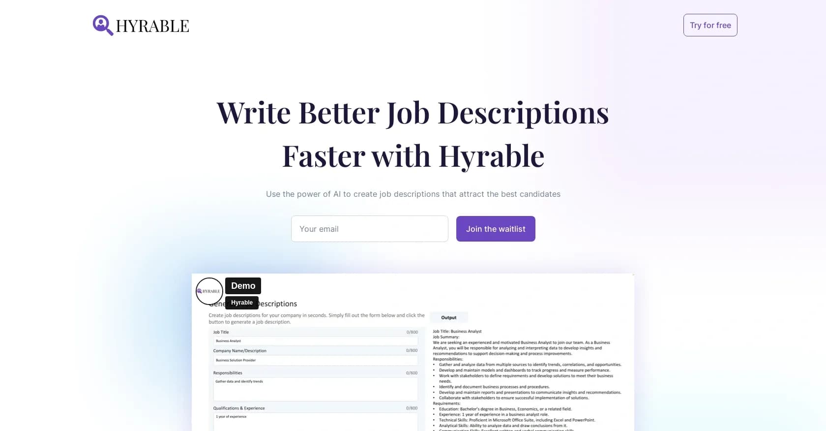Hyrable homepage screenshot — Streamline hiring with AI-powered tools