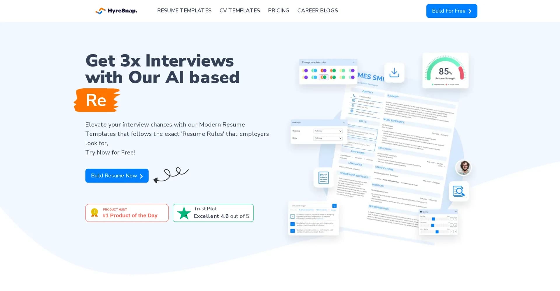 HyreSnap homepage screenshot — Craft ATS-friendly resumes in minutes with AI.