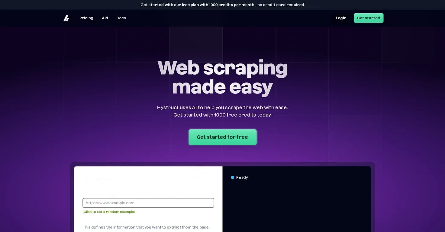 Hystruct homepage screenshot — AI-powered web scraping made easy