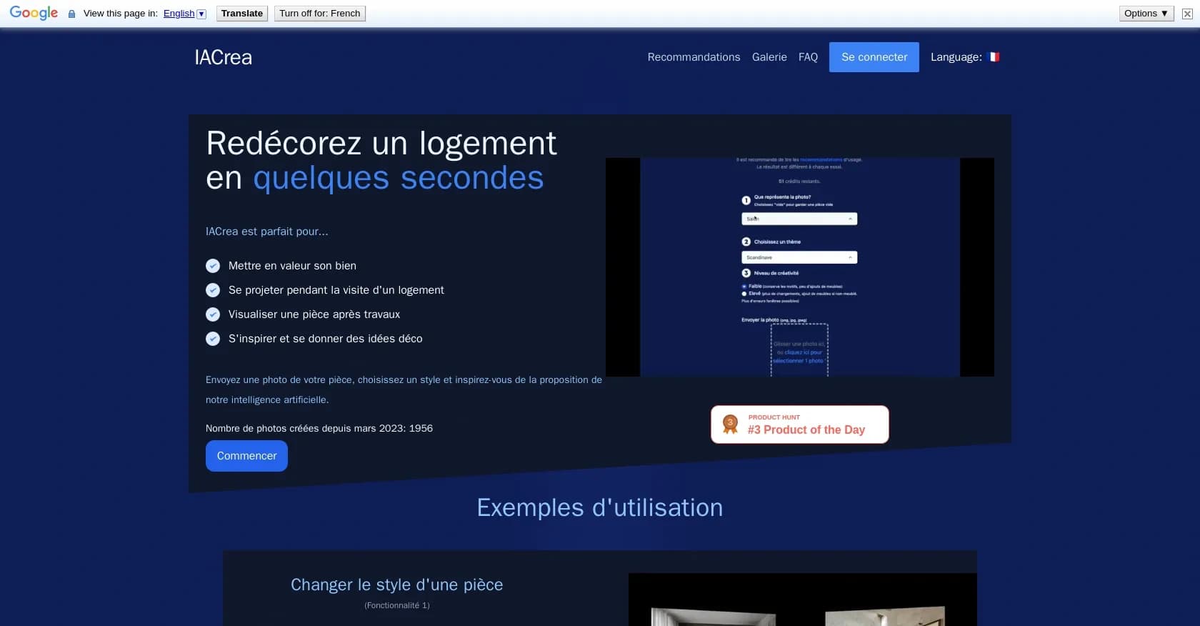IACrea homepage screenshot — Redcorez votre logement avec l'IA
