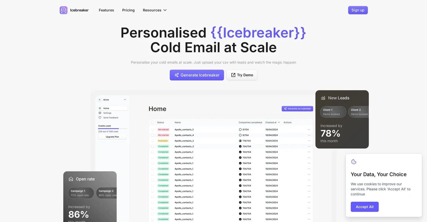 Icebreaker homepage screenshot — Personalize cold emails at scale