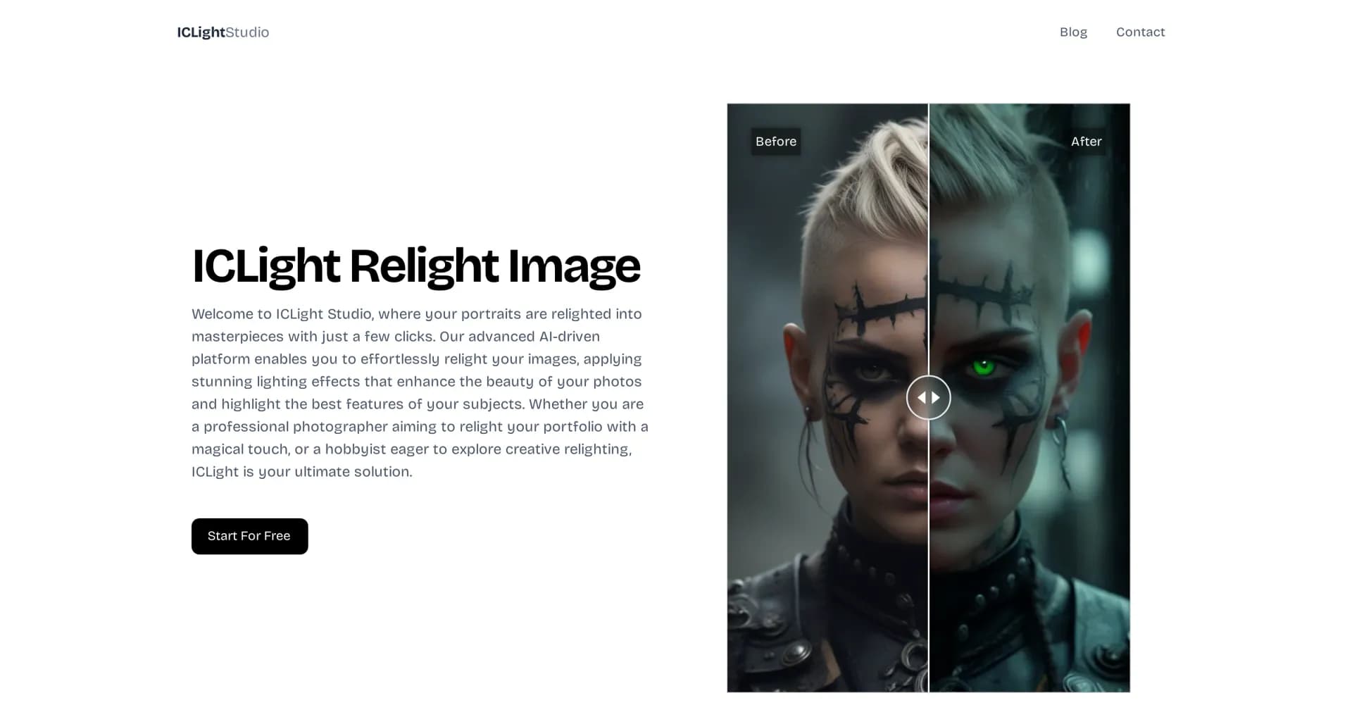 ICLight Studio homepage screenshot — Relight portraits into masterpieces with AI precision.