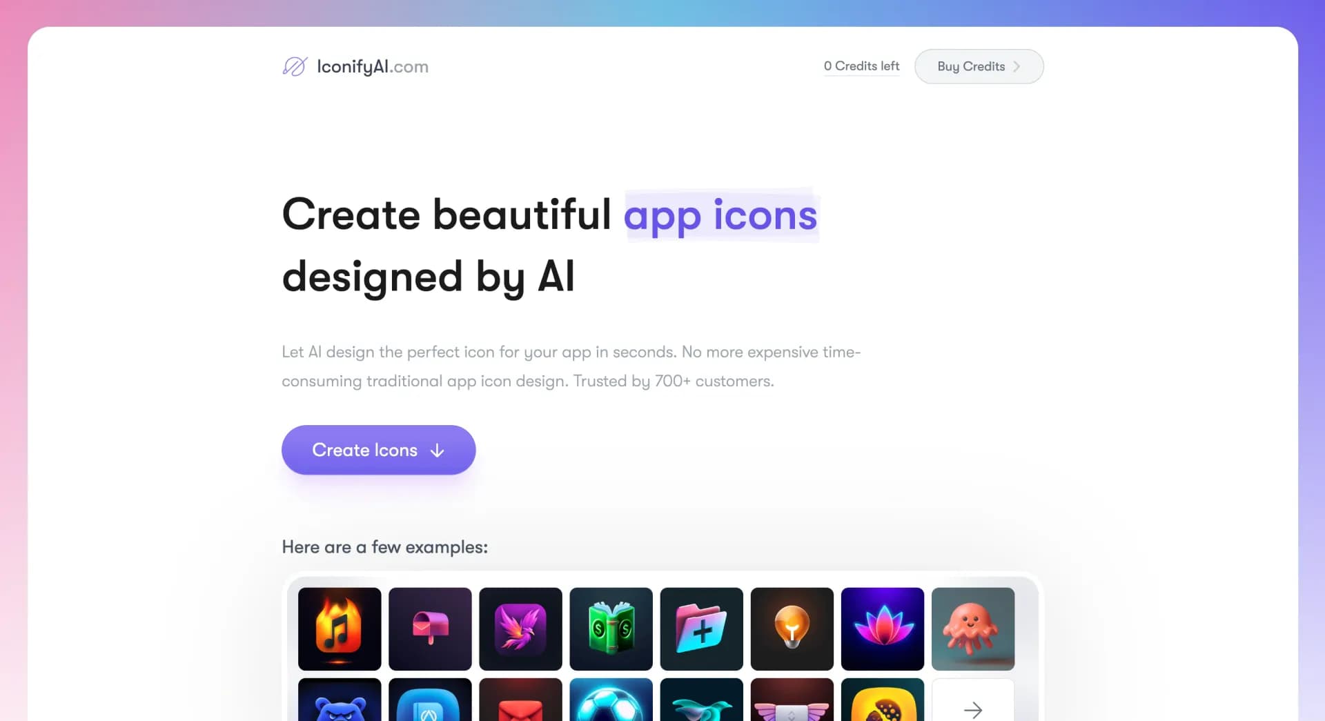IconifyAI homepage screenshot — App icon generator with customizations.
