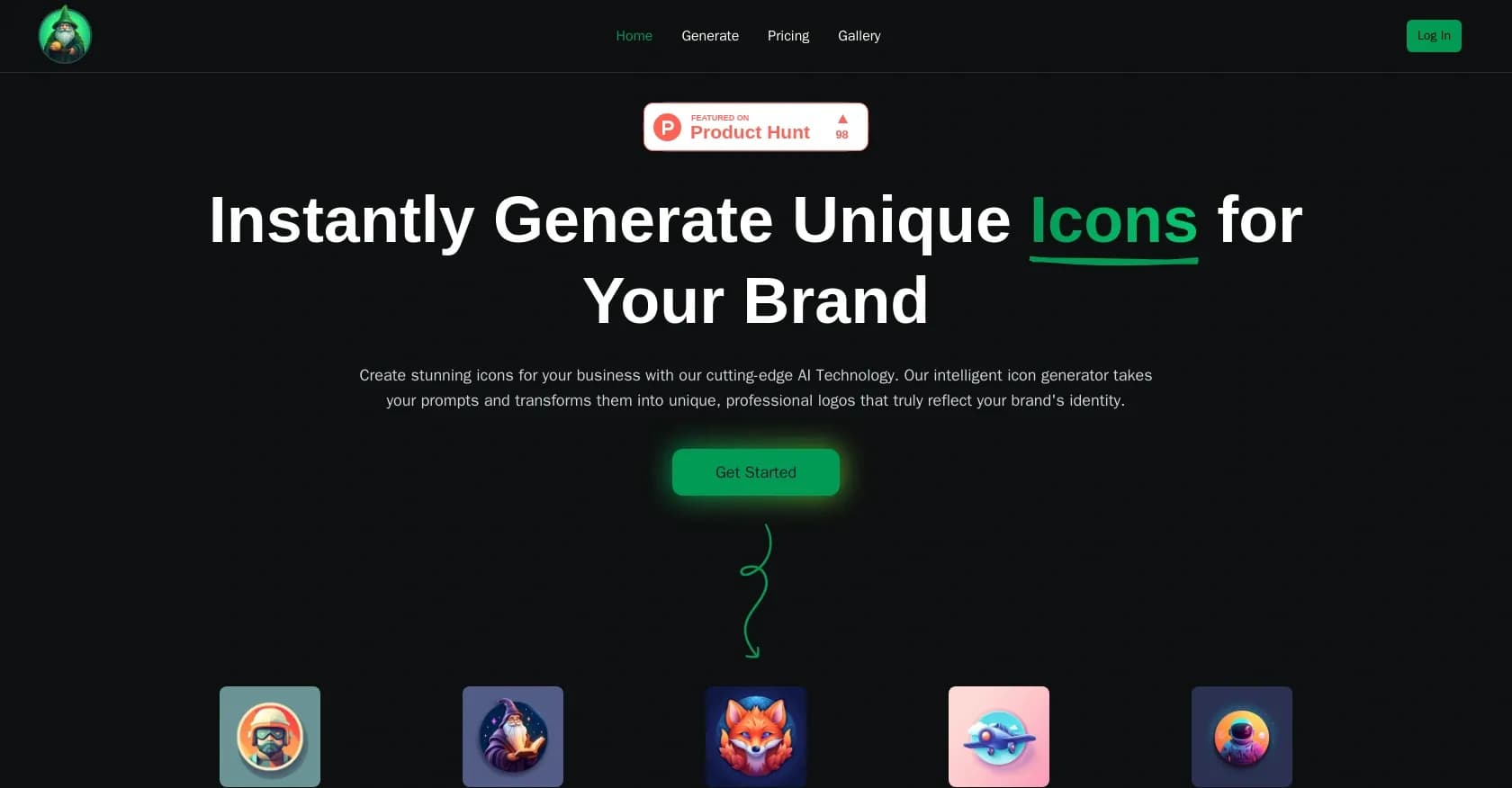IconWizardAI homepage screenshot — Create stunning icons with AI