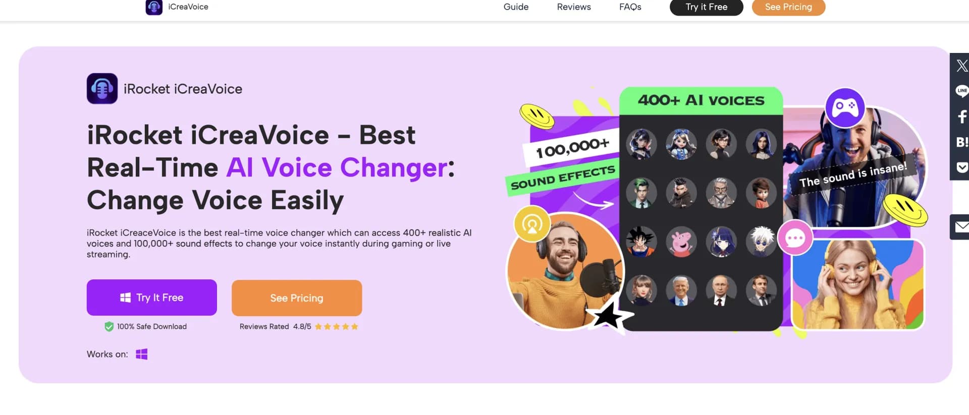 iCreaVoice homepage screenshot — Transform your voice with AI in real-time.