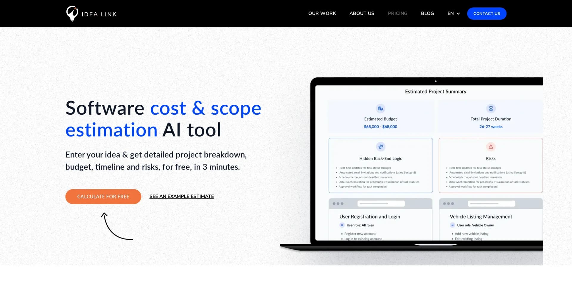 AI Software Cost Estimator homepage screenshot — No more guesswork: get AI-powered software cost estimates in
