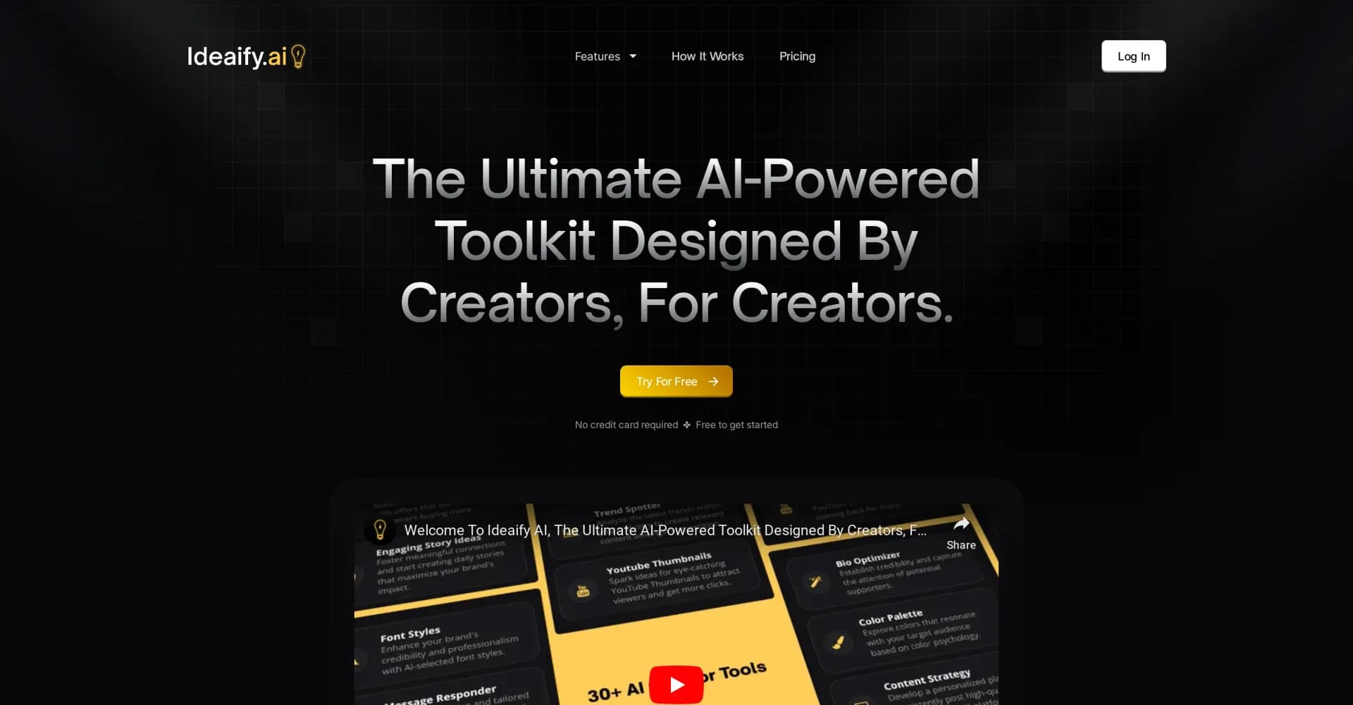 IdeaifyAI homepage screenshot — Supercharge content creation with AI-powered tools.