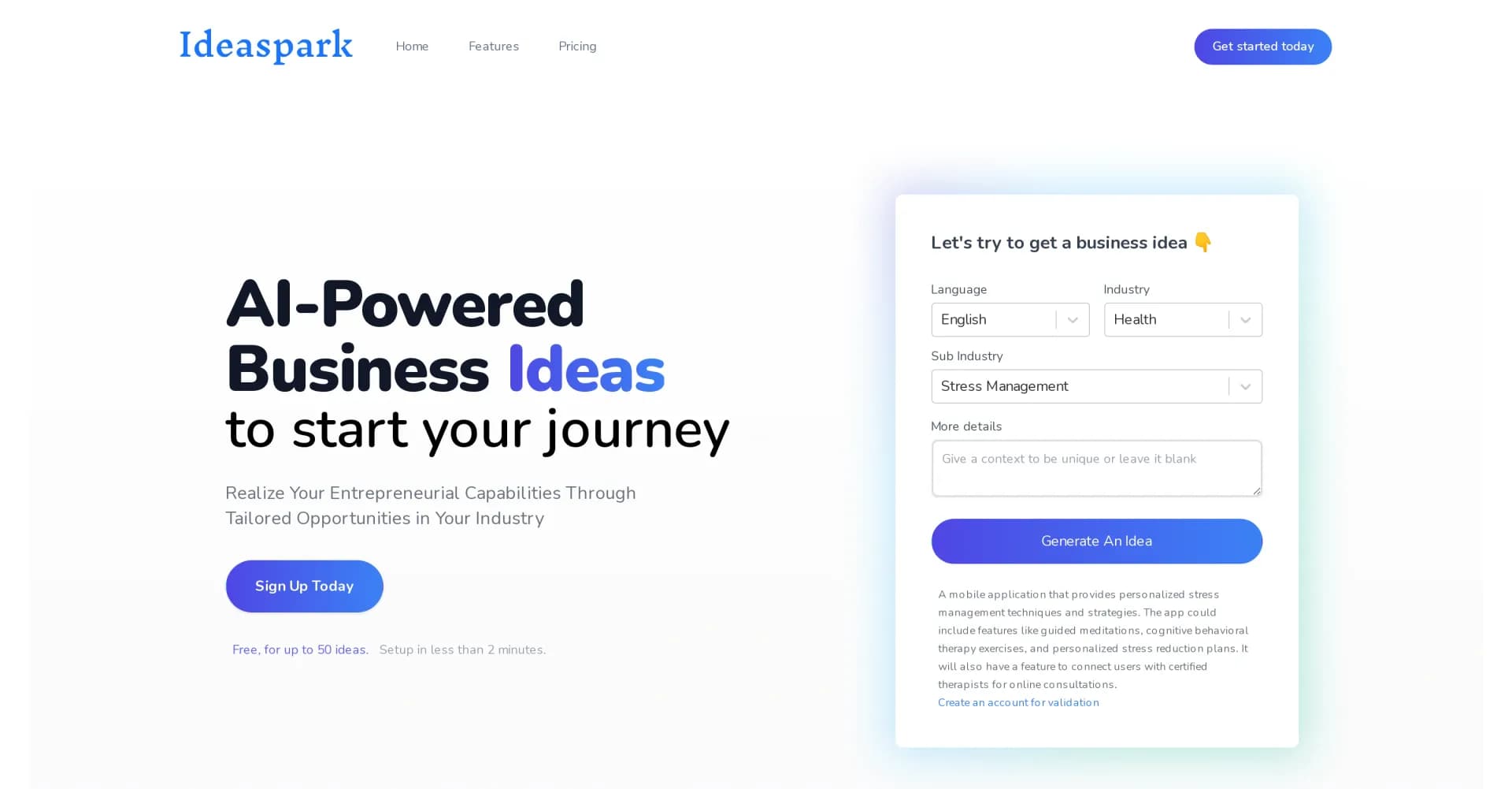 IdeaSpark homepage screenshot — Generate multilingual business ideas instantly