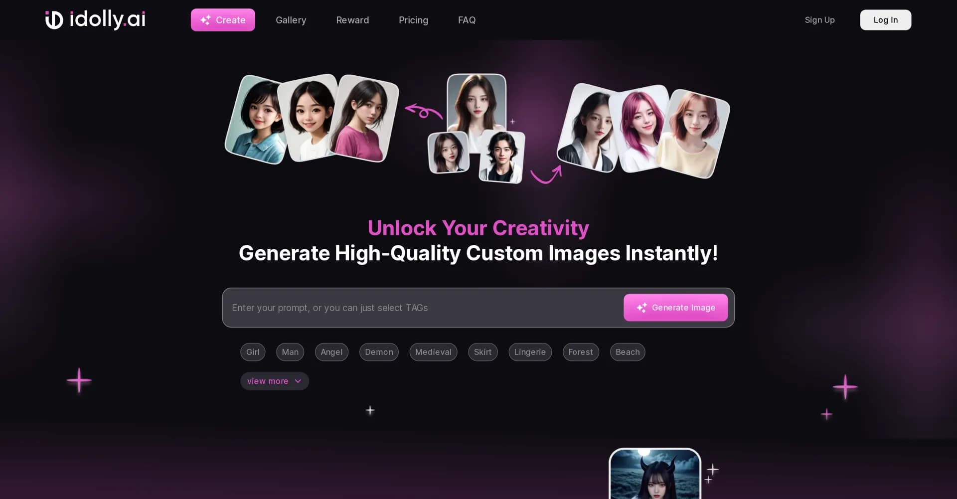 Idolly homepage screenshot — AI-powered image creation where imagination meets reality.