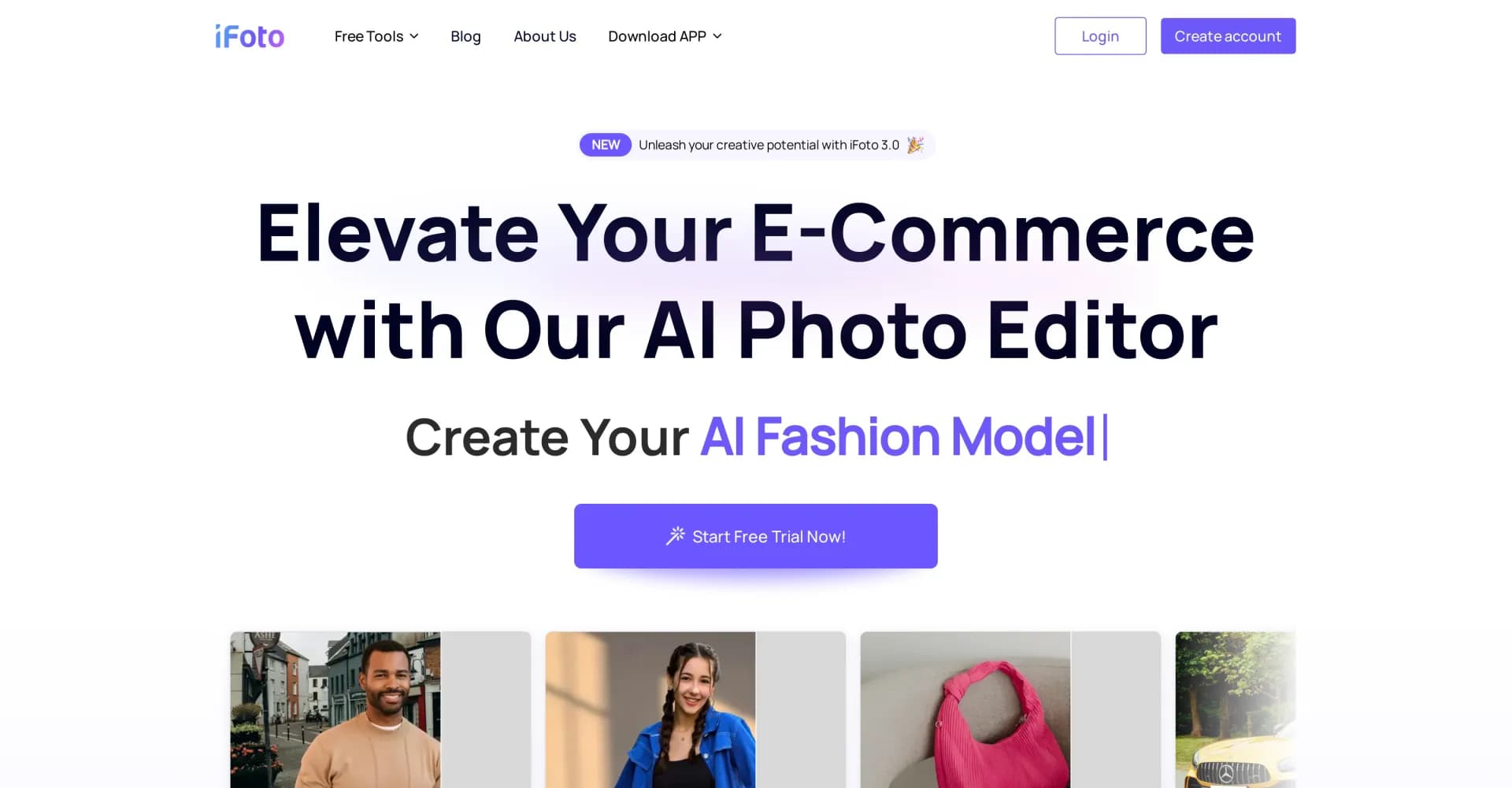 iFoto homepage screenshot — Elevate e-commerce with AI-powered photo editing.