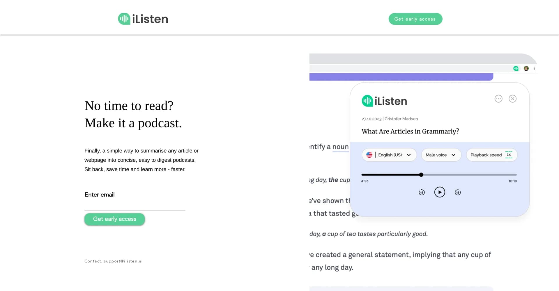 iListen homepage screenshot — Transforming long articles into short podcasts.