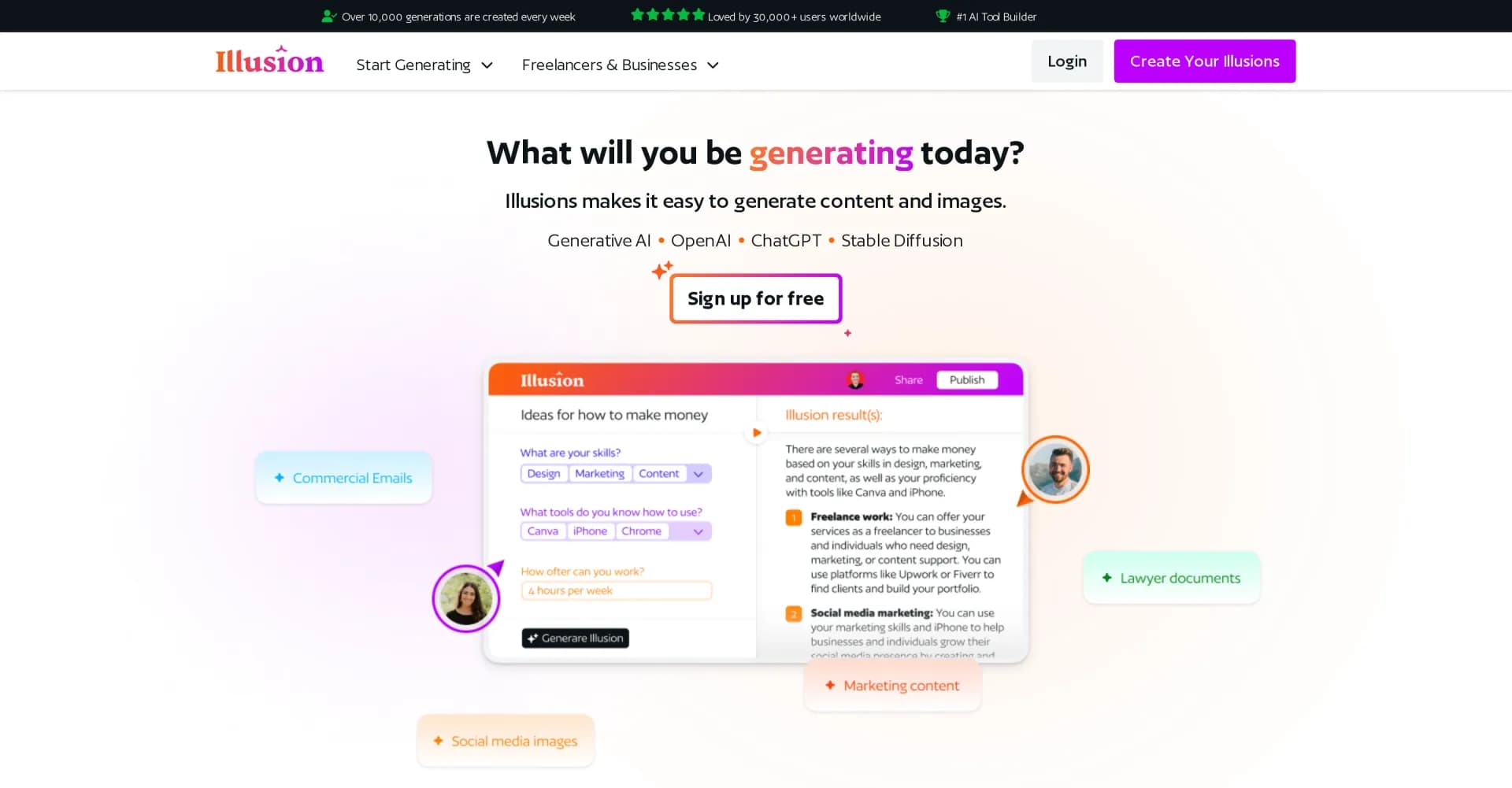 Illusion AI homepage screenshot — No-code platform for custom AI tools and apps
