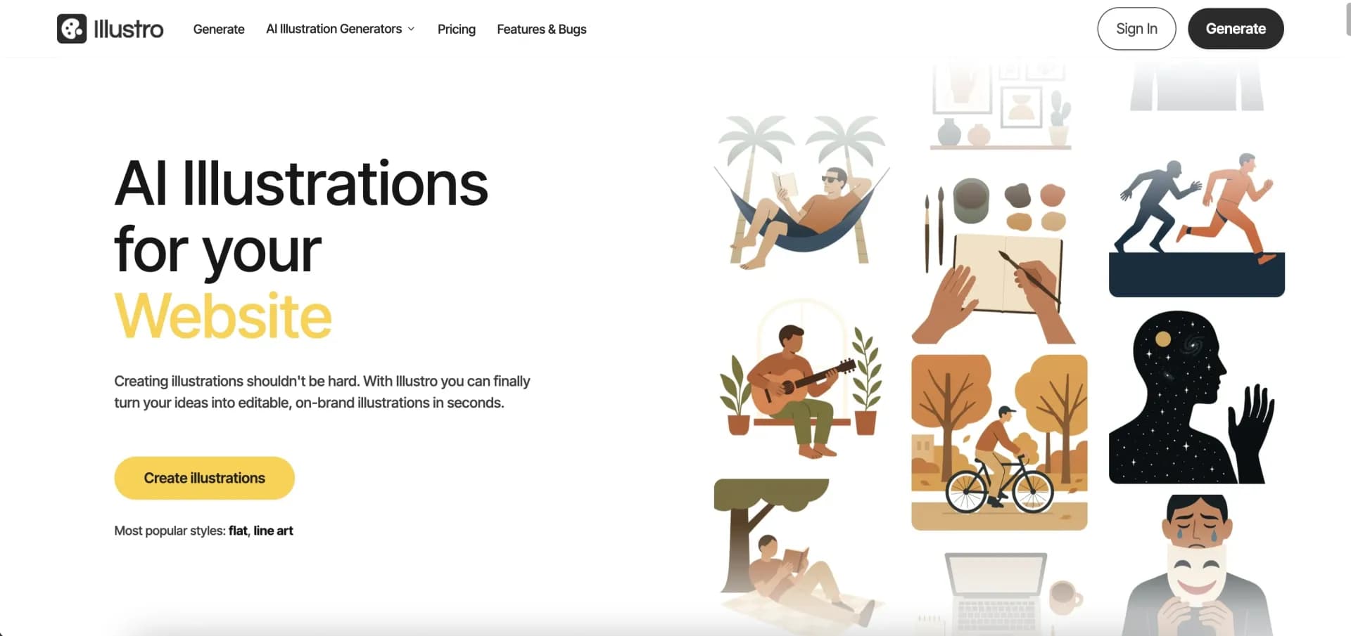 Illustro - AI Illustration Generator homepage screenshot — Turn text into studio-quality illustrations in seconds. No d